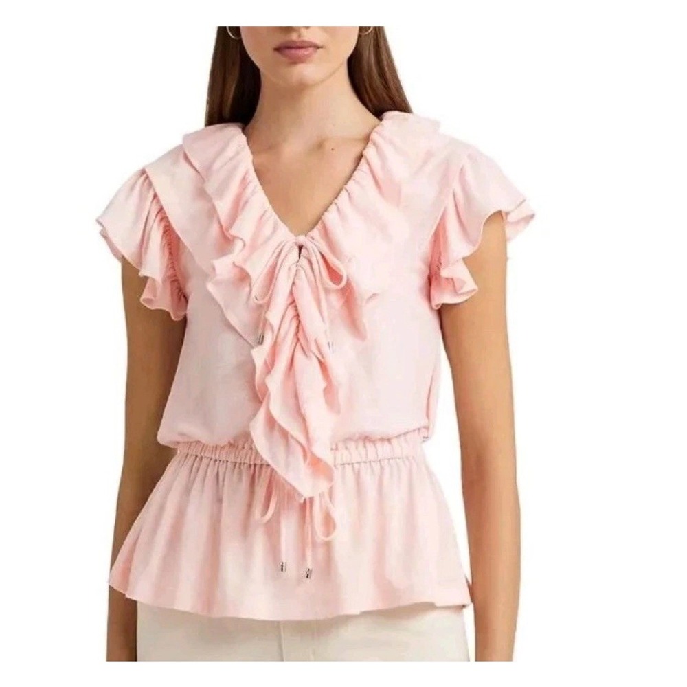 Ralph Lauren LRL Top Black Label XL Pink Ruffle Linen Sleeveless‎ Peplum nwot
